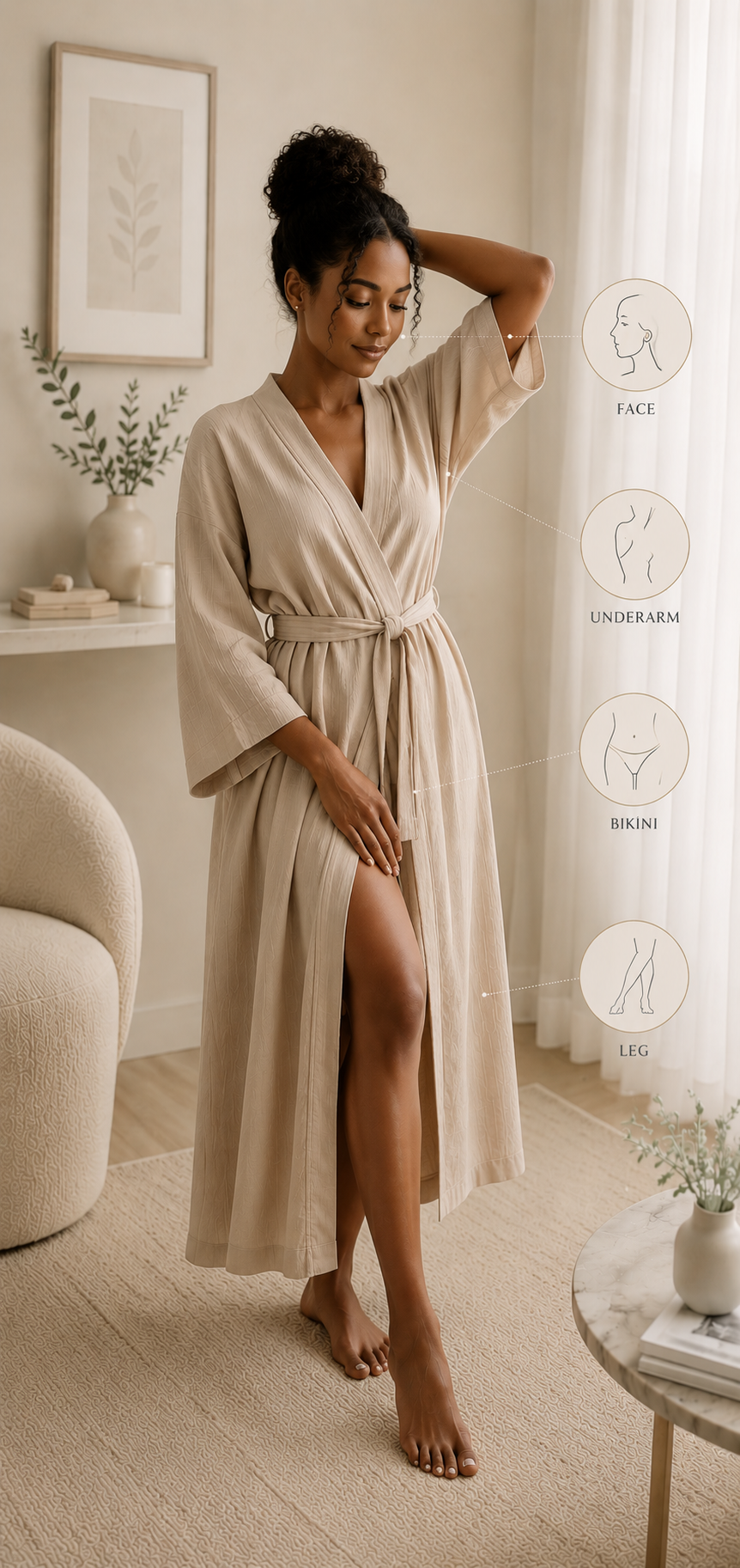 Woman in a spa robe illustrating common electrolysis hair removal treatment areas including the face, underarms, bikini area, and legs.
