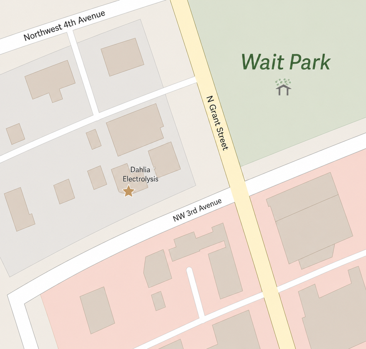 Map highlighting the location of the Dahlia Electrolysis office in downtown Canby.