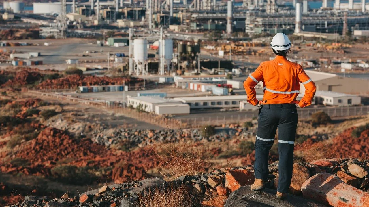 A worker in an orange safety jacket and white helmet standing on rocky terrain, overlooking an industrial facility with buildings, tanks, and storage containers in the background.