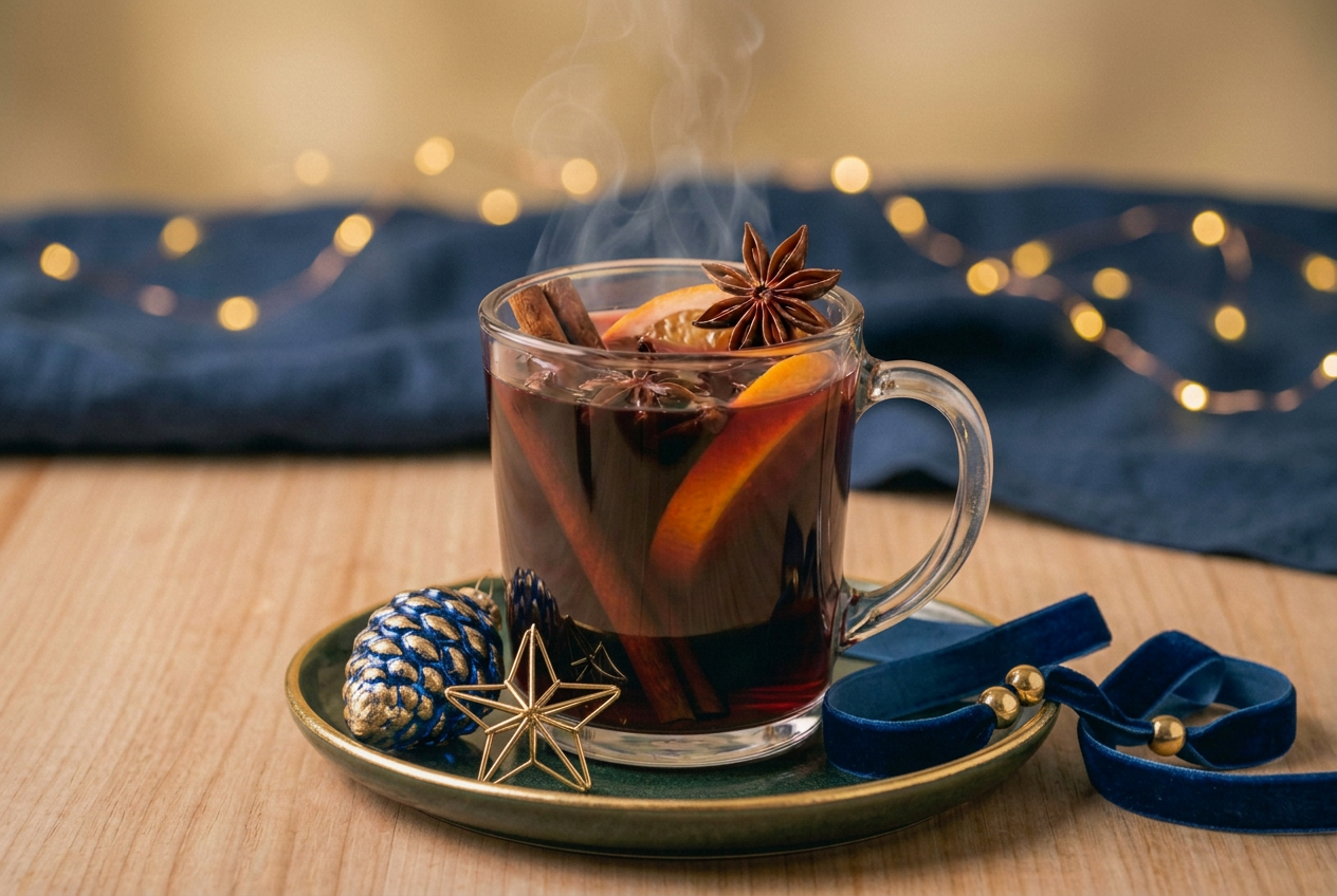A glass mug filled with mulled wine garnished with orange slices, cinnamon sticks, and star anise, placed on a green dish with festive decorations including a blue pinecone and gold star ornament, with a blue ribbon-like decoration nearby. Blurred fairy lights are in the background.