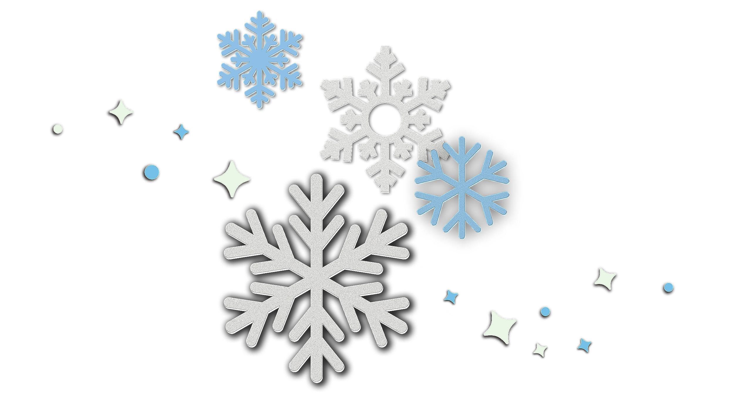 Multiple snowflakes and small stars floating around, with a black background.