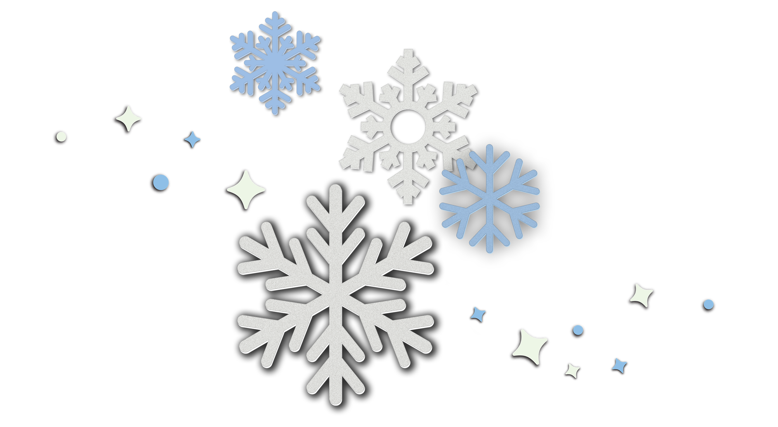 Various blue and white snowflakes with small star-shaped decorations scattered around.