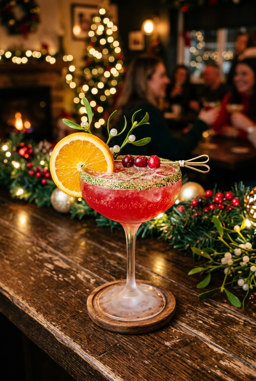 A festive holiday cocktail garnished with an orange slice, red and white berries, green leaves, and glittery sugar on the rim, placed on a rustic wooden table with Christmas decorations and a lit Christmas tree in the background.