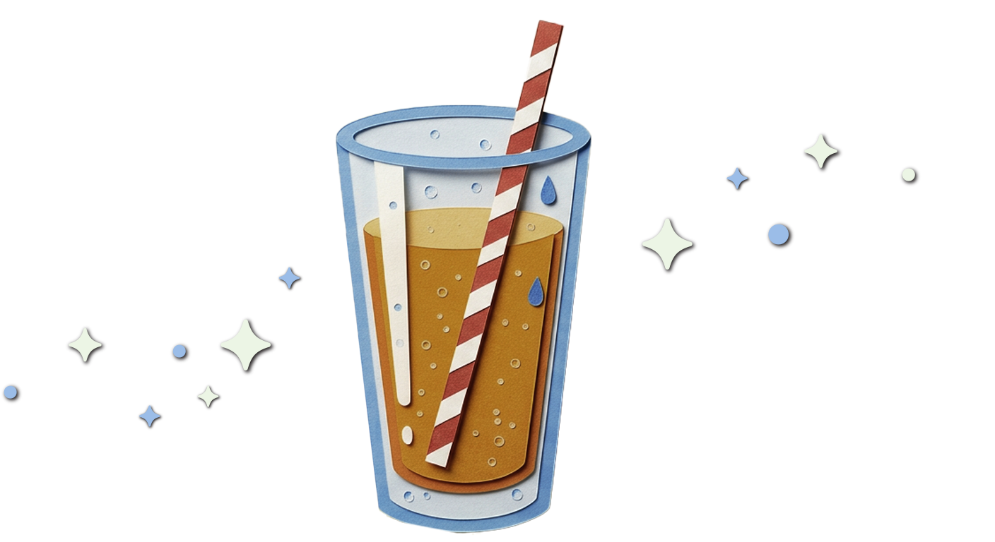 A tall transparent glass filled with brown soda, ice cubes, a paper straw with red and white stripes, placed on a background with black space, stars, and sparkles.