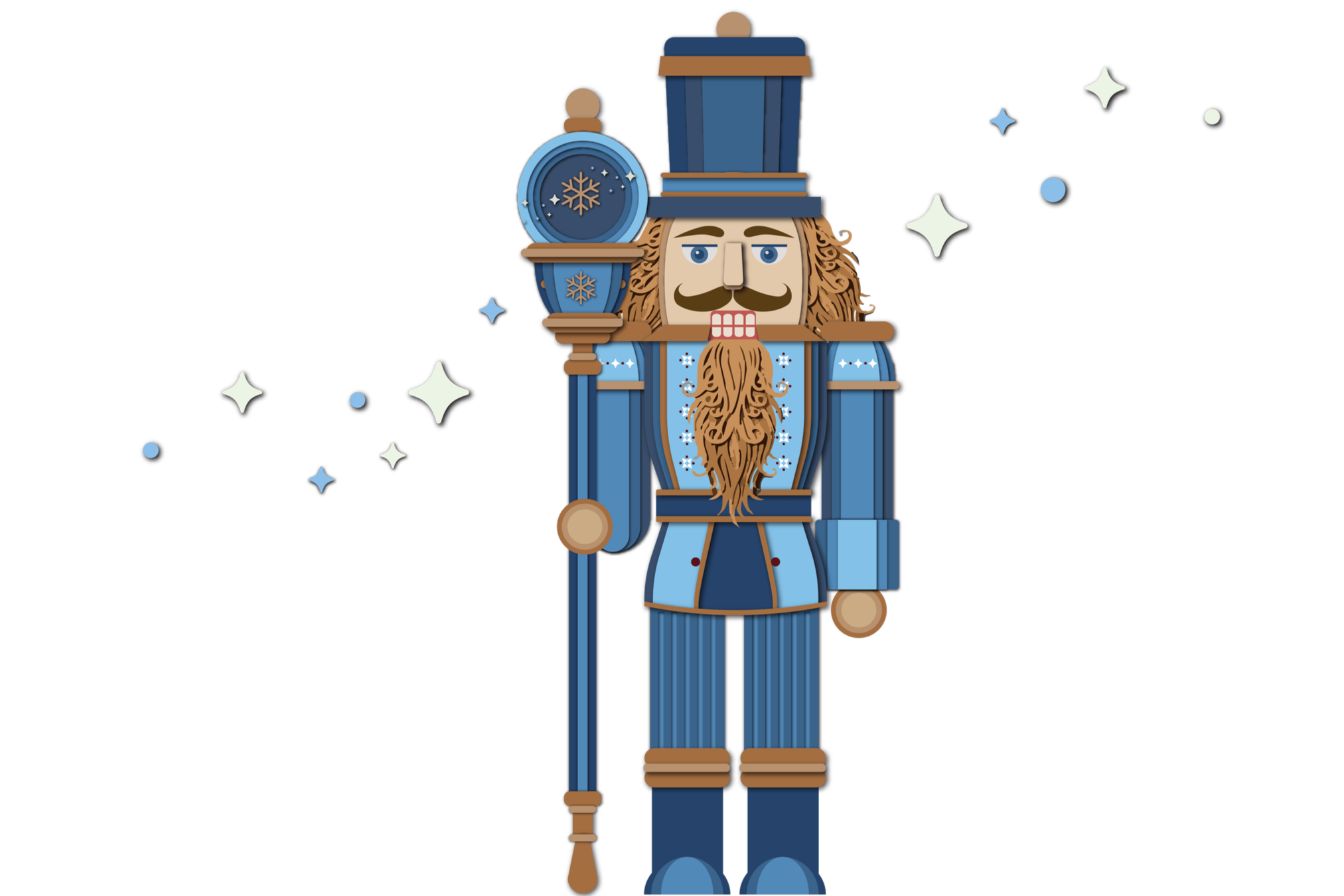 Cartoon illustration of a blue toy soldier with a tall hat, mustache, and beard, holding a baton, surrounded by stars and snowflakes.