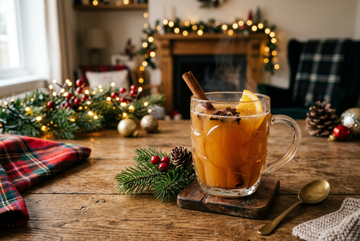 A hot spiced drink with a lemon wedge, cinnamon stick, and star anise in a glass mug on a wooden table, decorated with Christmas ornaments and greenery, in a cozy holiday living room.