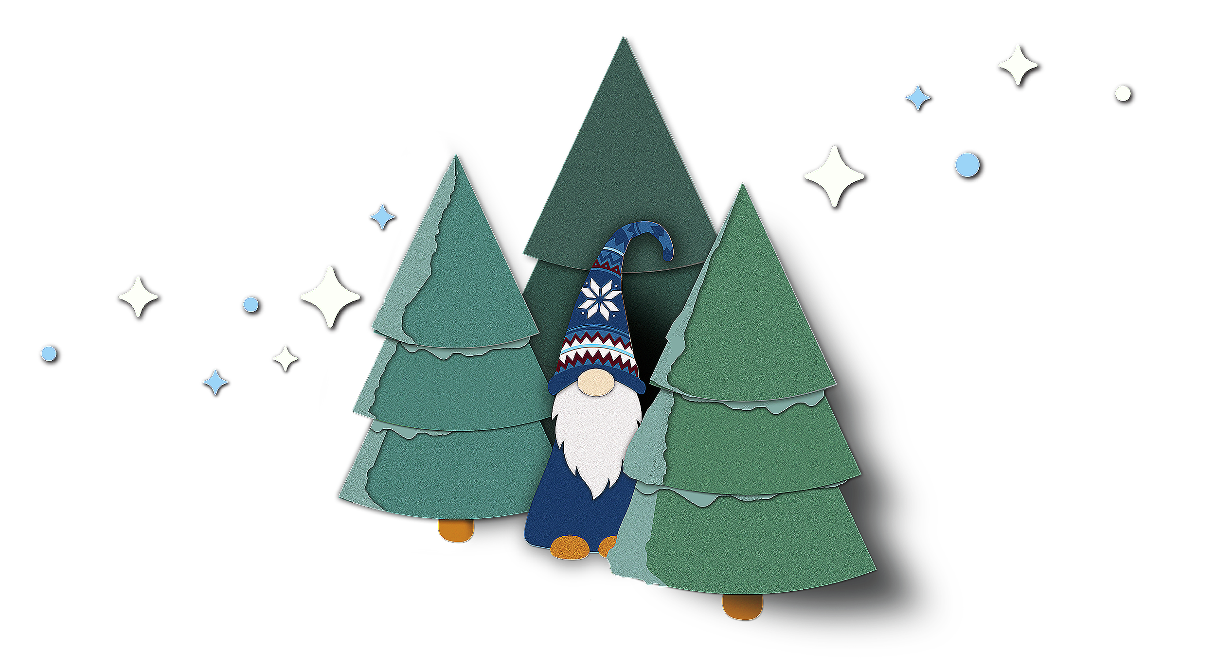 Cartoon gnome with a blue hat and orange feet standing between green pine trees with snowflakes or stars around.
