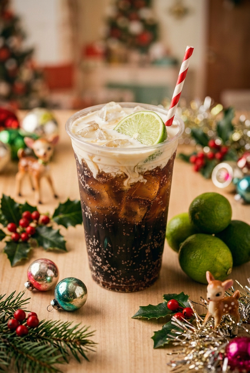 A glass of dark soda with ice, topped with whipped cream and a lime wedge, with a red and white striped straw, surrounded by holiday decorations such as holly, ornaments, and small reindeer figurines.