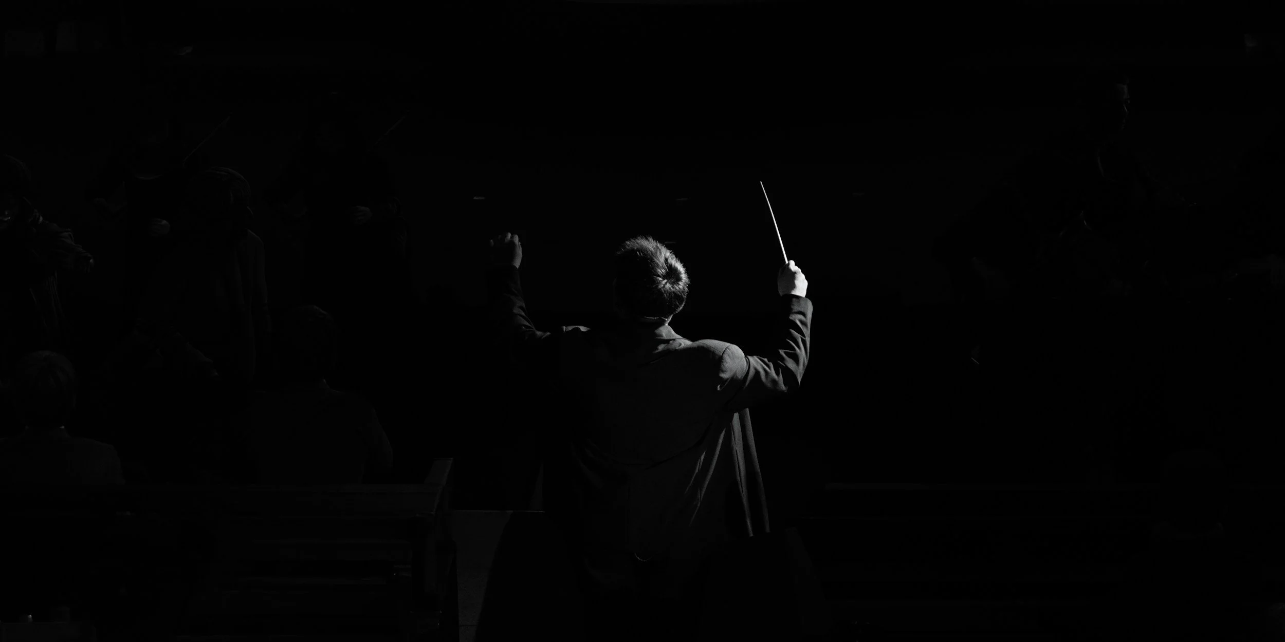 A person conducting an orchestra or choir with a baton, seen from behind, in a dark setting with other faintly visible individuals.
