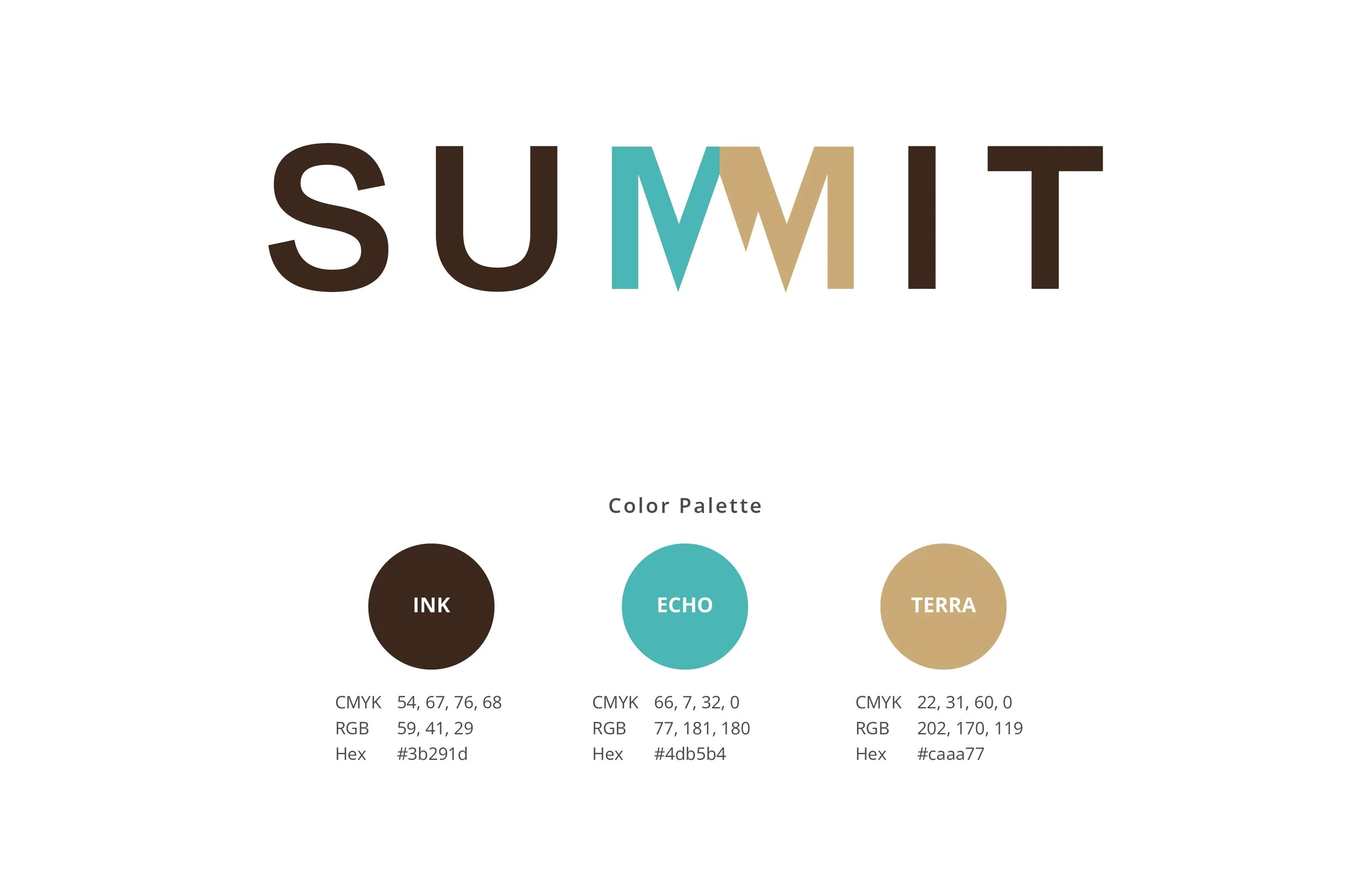 A presentation slide titled 'Color Palette' showing three color samples labeled INK, ECHO, and TERRA with their respective CMYK, RGB, and Hex color codes.