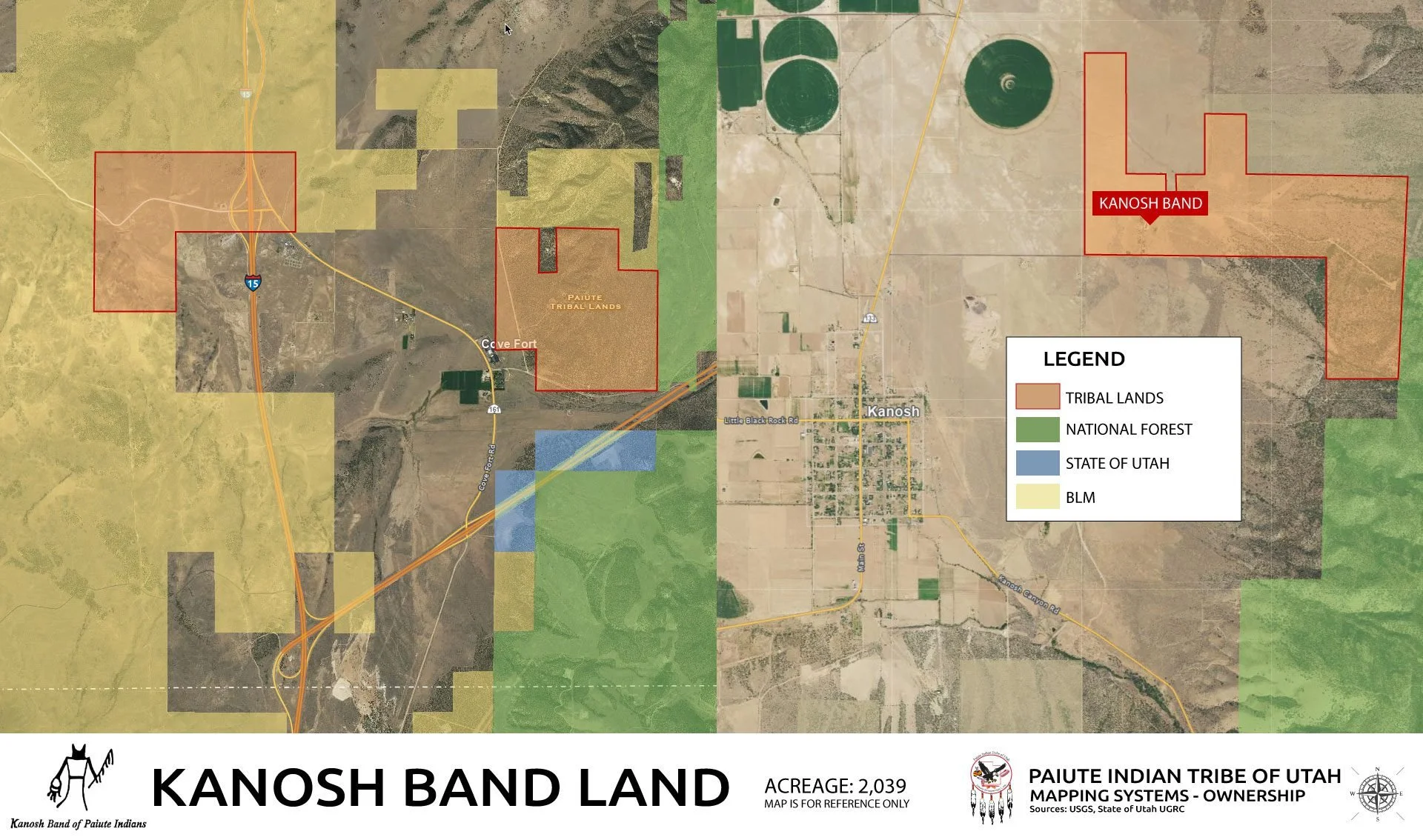 Map of Kanosh Band tribal lands near Kanosh and Cove Fort, Utah, showing tribal lands, national forest, state land, and BLM areas.