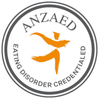 Circular logo with the words 'ANAIZED' at the top and 'EATING DISORDER CREDENTIAL' at the bottom, featuring two orange swallow silhouettes in the center.