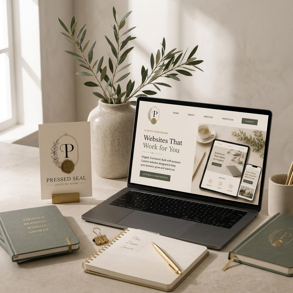 A cluttered desk with a laptop displaying a website for building websites, surrounded by notebooks, a pressed seal card, a potted plant, a cup, and a pen, in a well-lit room.