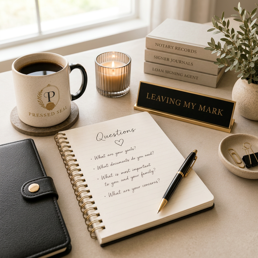 Desk with a coffee mug labeled 'Pressed Seal,' lit candle, stack of legal books, potted plant, sign reading 'Leaving My Mark,' notebook with questions, pen, black leather wallet, and small bowl with clips.