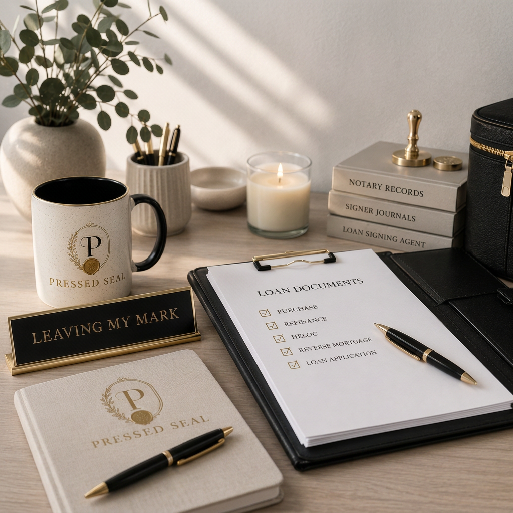 Desk with documents, pen, mug labeled 'Pressed Seal,' sign saying 'Leaving My Mark,' candle, plant, and legal books on notary work.