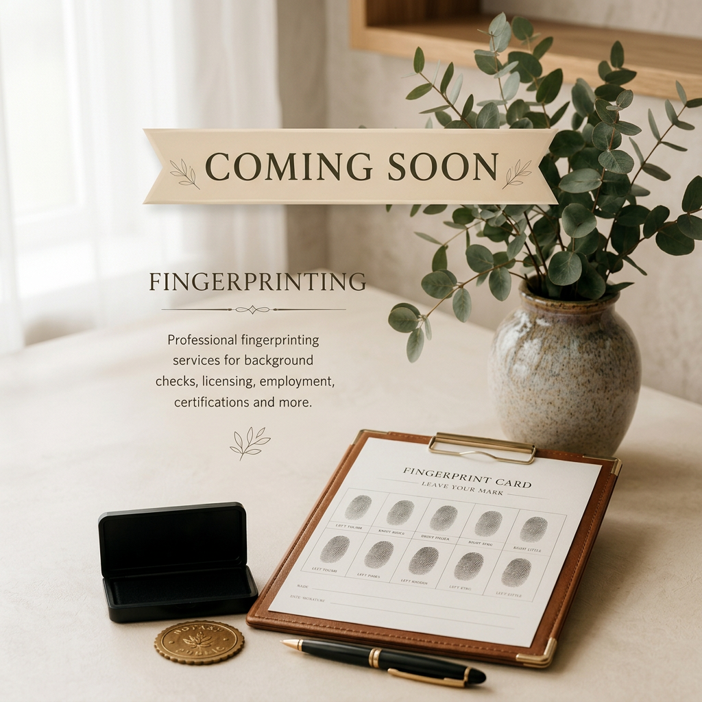 A sign reading 'Coming Soon' next to a potted eucalyptus plant on a table with fingerprinting materials, including a fingerprint card, ink pad, and pen, indicating upcoming fingerprinting services.
