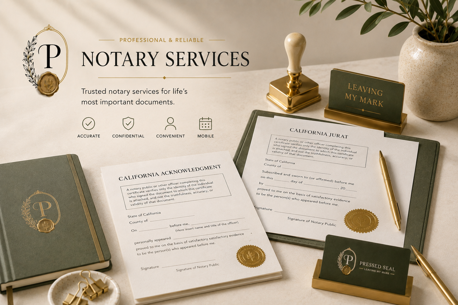 A workspace setup with notarized documents, a notary seal, pens, and decorative plaques, with a potted plant in the background.