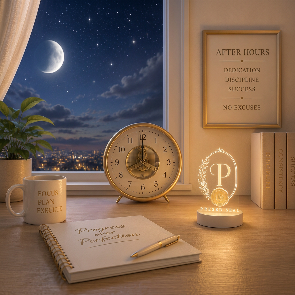 A cozy desk setup with a large window showing a night sky with the moon and stars. On the desk, there is a coffee mug with the words 'Focus Plan Execute,' a spiral notebook with the words 'Progress over Perfection,' a gold clock, a small illuminated sign with the letter 'P' and the words 'Presed Seal,' and a stack of books including titles like 'Discipline' and 'Success.' A framed quote on the wall reads 'After hours: Dedication, Discipline, Success, No excuses.' There is also a potted plant near the window.