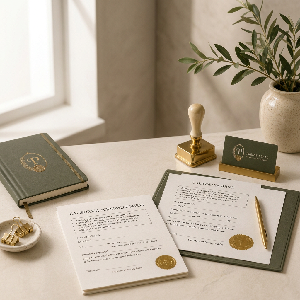 A desk with California legal documents, a business card holder, a gold stamp, a gold pen, a small bowl of gold clips, a closed green notebook, and a vase with greenery, near a window with Pressed Seal branding.