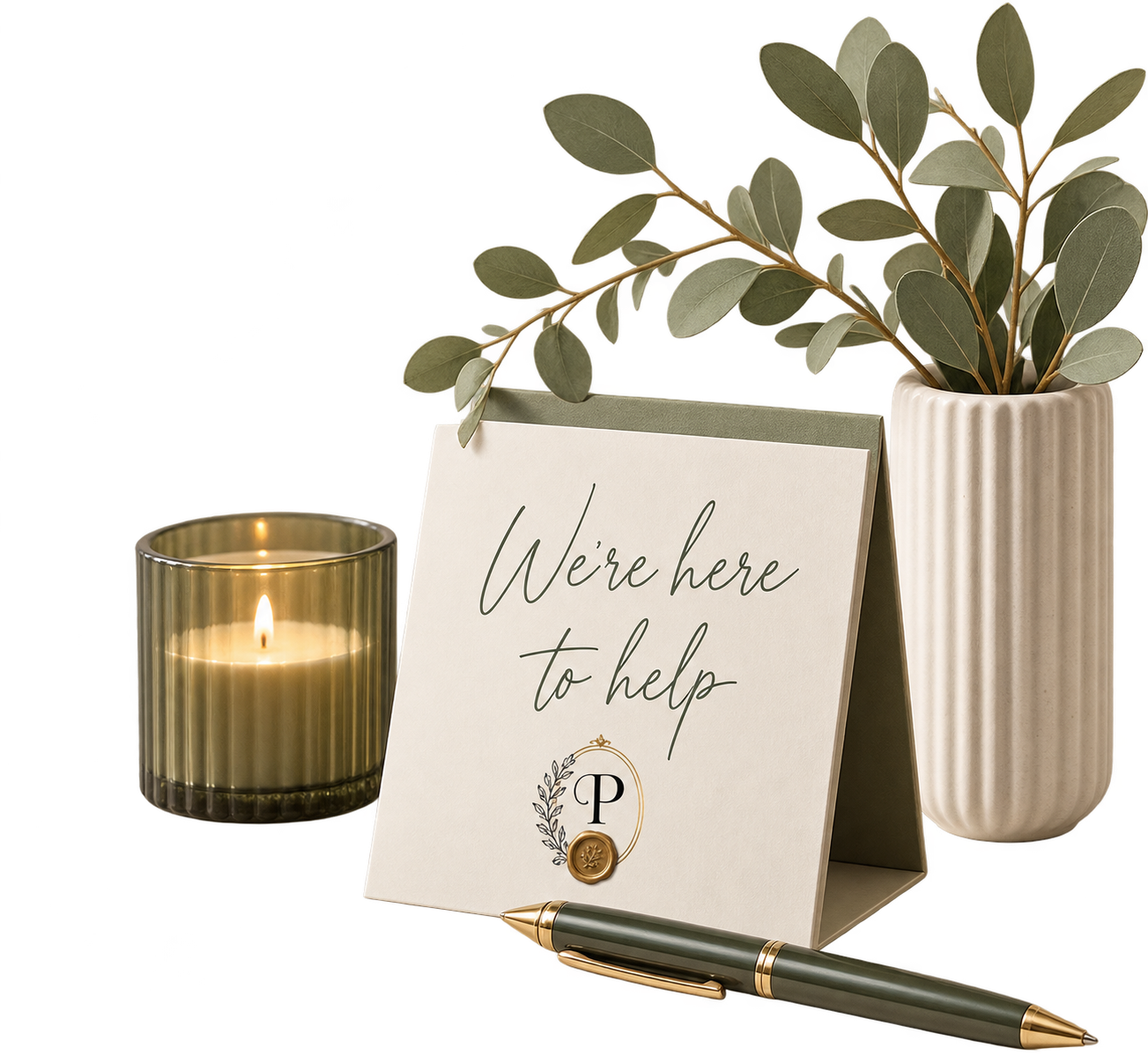 A decorative setup with a lit candle in a glass holder, a white table sign that says 'We're here to help' with a gold wax seal and pen, and a tall white vase with leafy green branches.