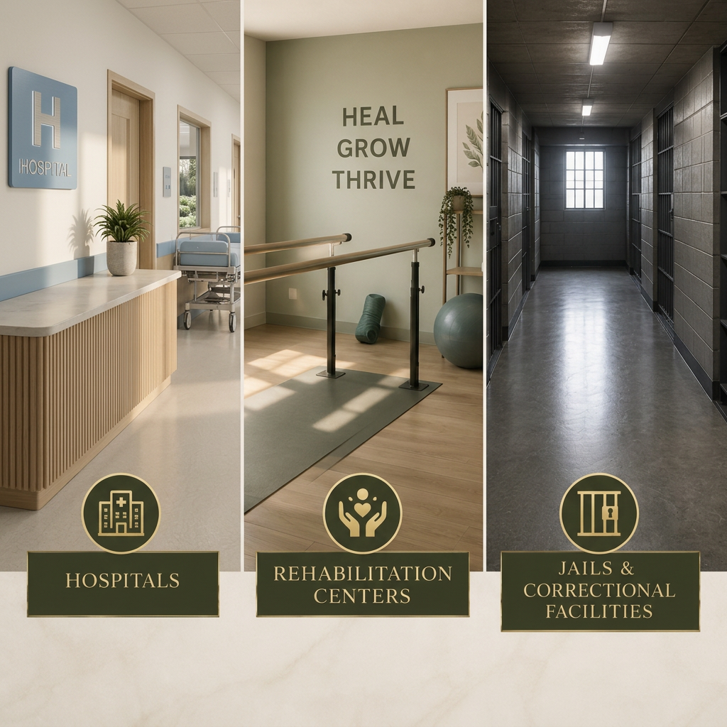 A collage of three different facilities: a hospital reception area, a rehabilitation center with exercise equipment and motivational signs, and a prison corridor with jail cells.