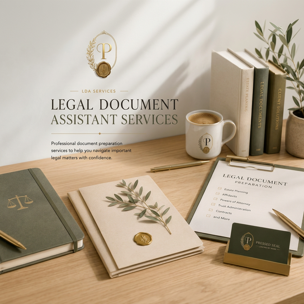 Legal document preparation services with books, a coffee mug, and sealed documents on a wooden desk with Pressed Seal branding