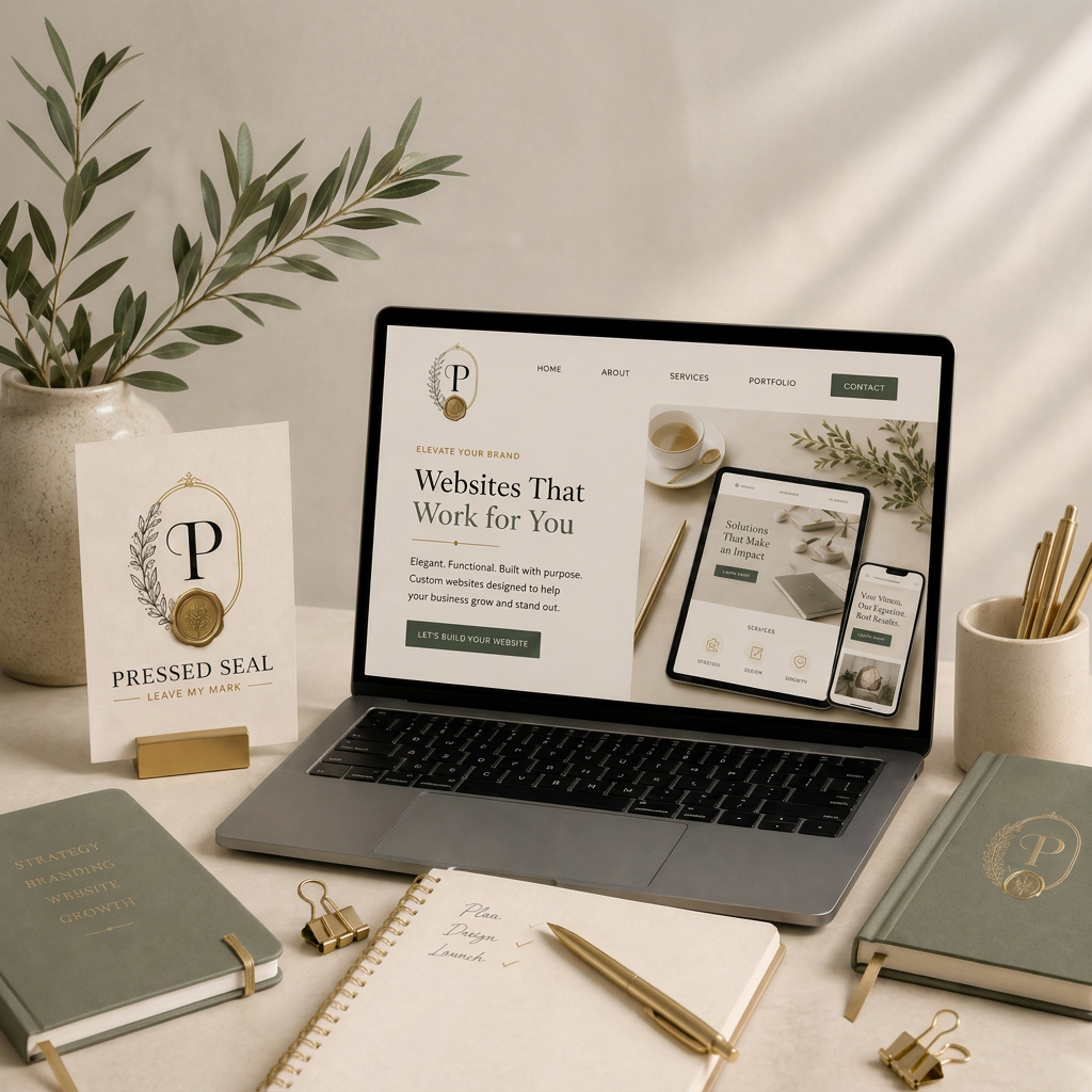 Laptop on desk displaying a website about building custom websites, surrounded by notebooks, a potted plant, a pressed seal card, and stationery.