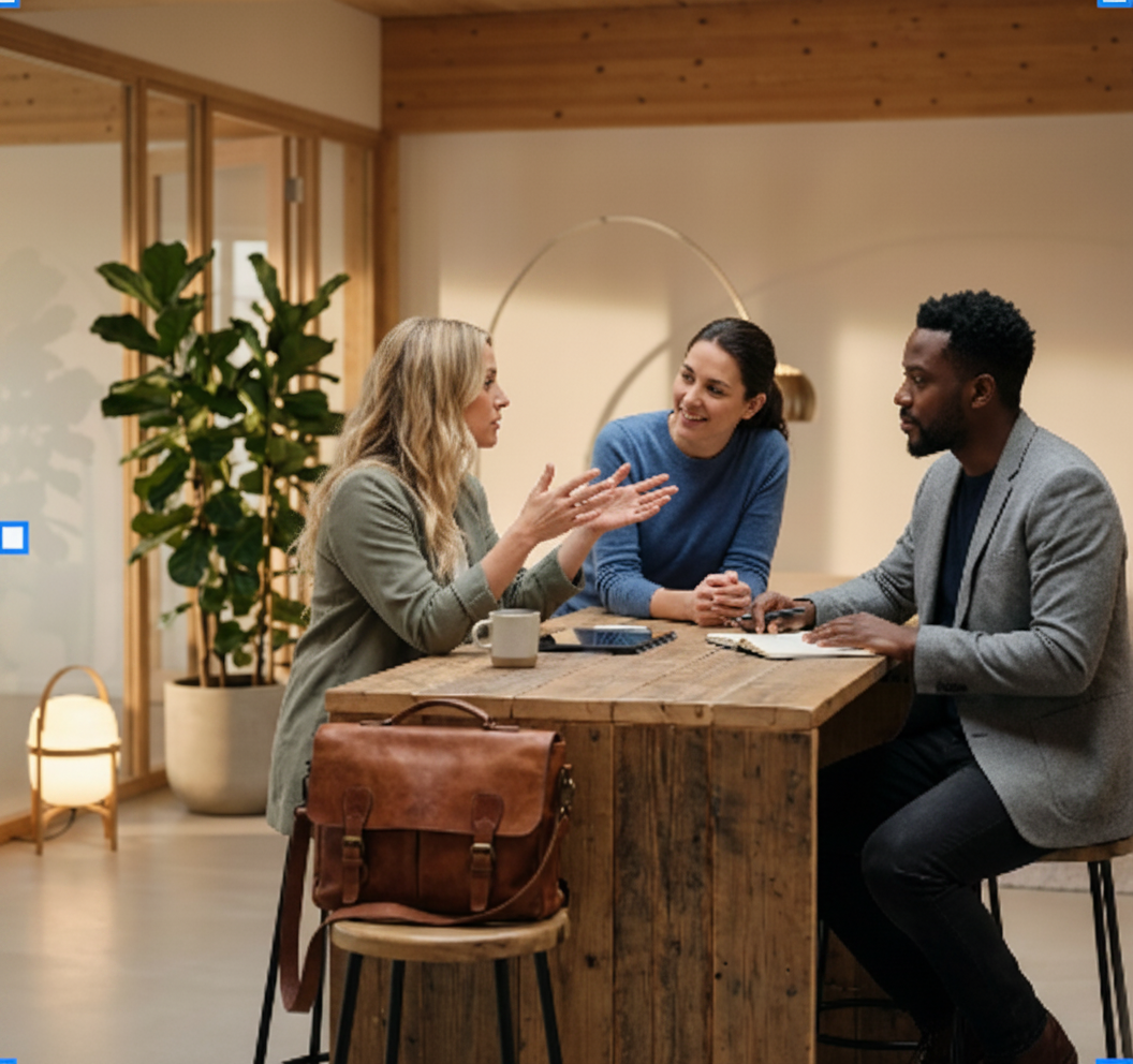 Three people having a conversation at a wooden table in a warmly lit, modern room with plants and large windows.