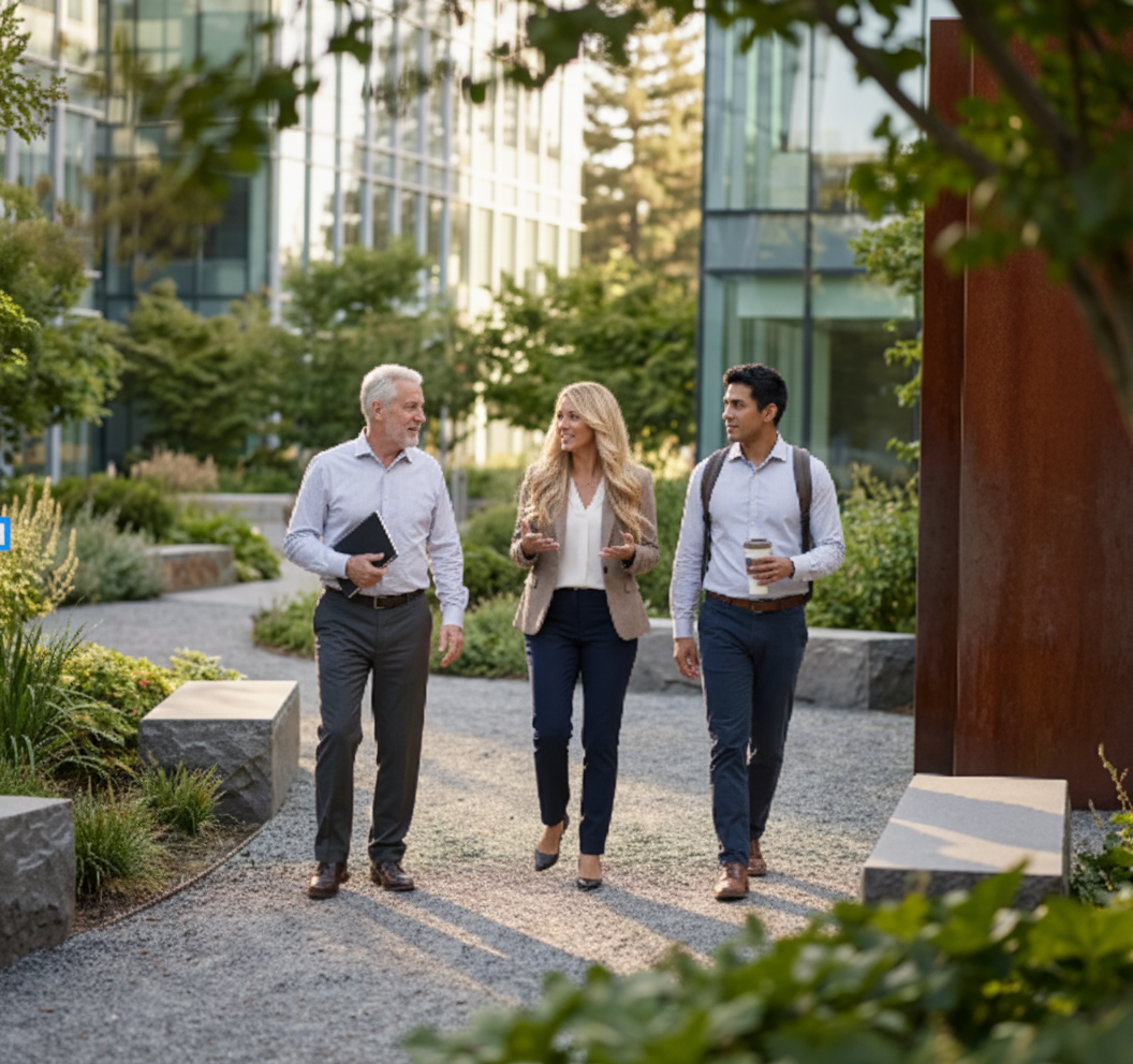 Three business professionals walking and talking outside in a modern, landscaped outdoor area
