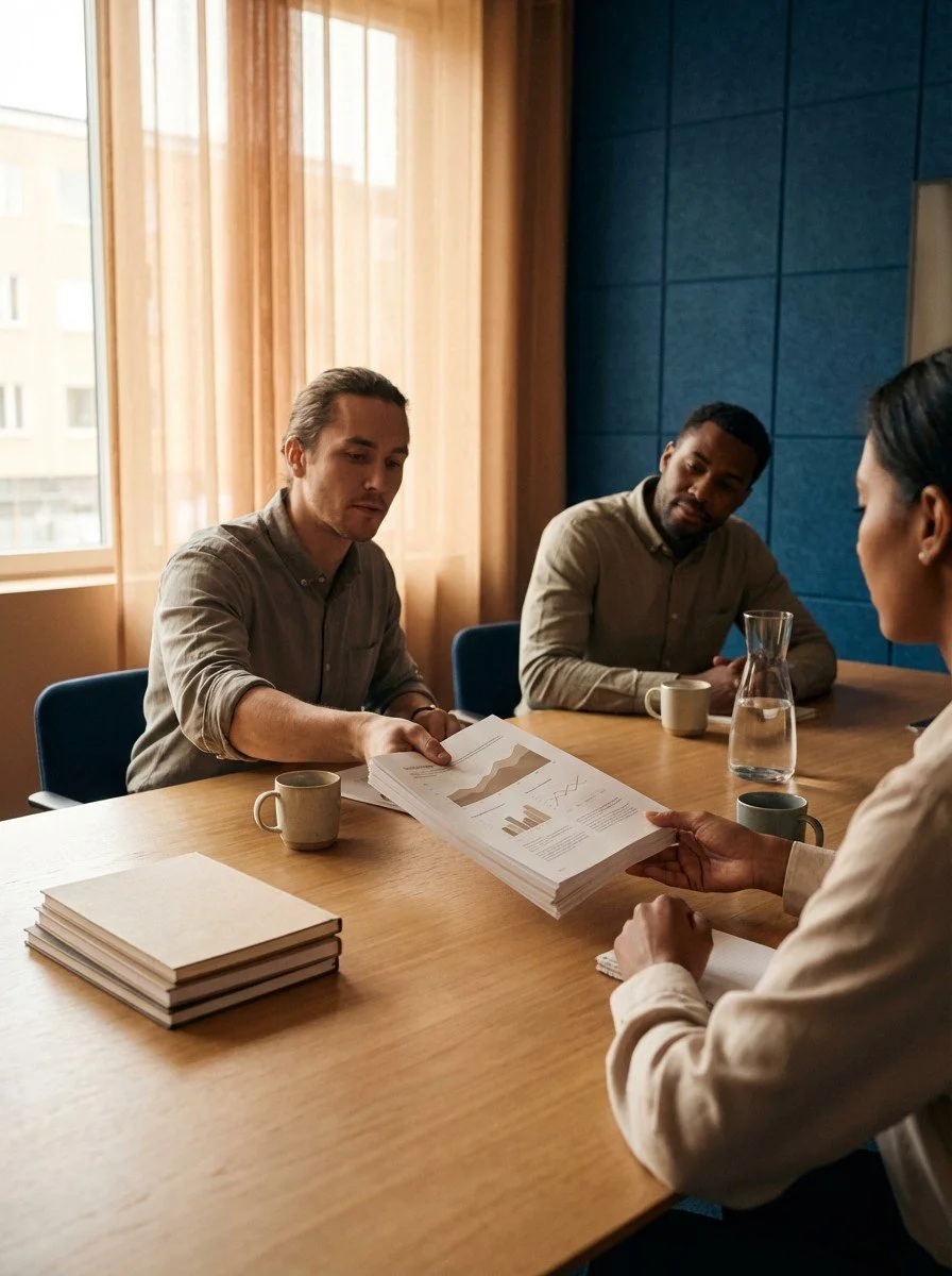 Three people sitting at a wooden conference table, with one person handing over a stack of documents with charts and graphs to another person. Two cups and a glass pitcher of water are on the table.