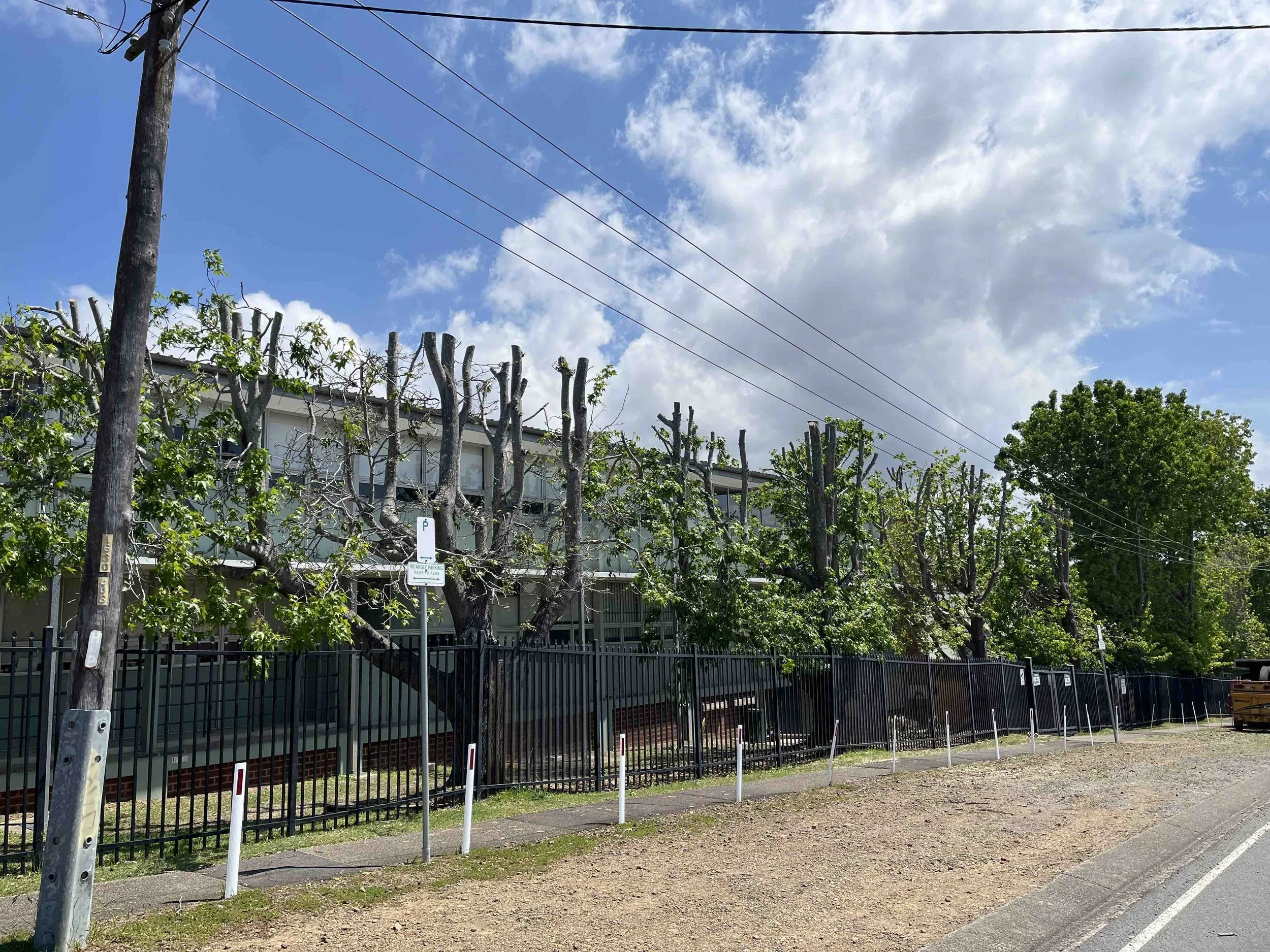 A residential street scene with trees and a black metal fence in front of a building. Power lines stretch across a partly cloudy blue sky.