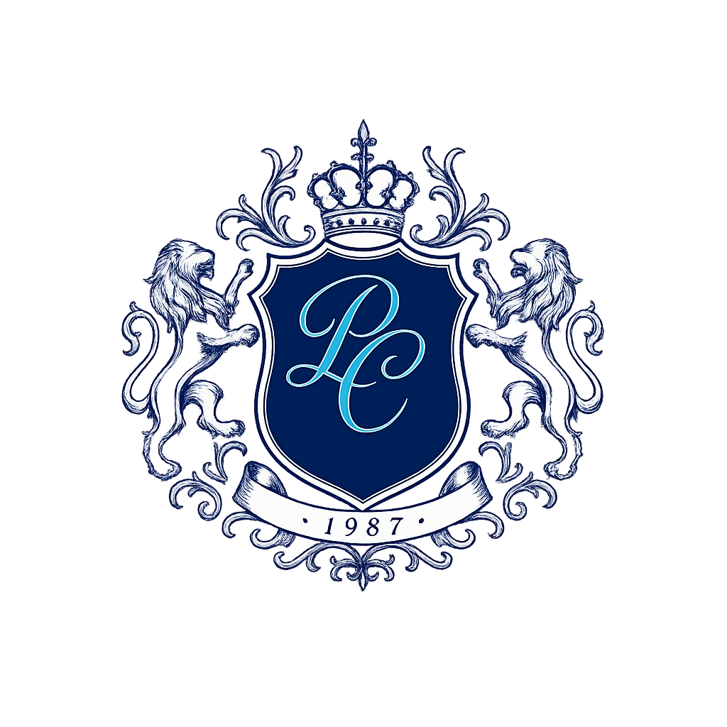 A crest with two lions, a crown, and the initials 'PC' in the center, with the year '1987' on a ribbon below.