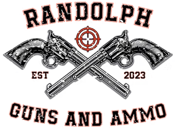 Design featuring two crossed handguns with a rifle in the center, the text 'Rudolph Guns and Ammo,' with 'Est 2023' on the sides, and a red crosshair symbol above.
