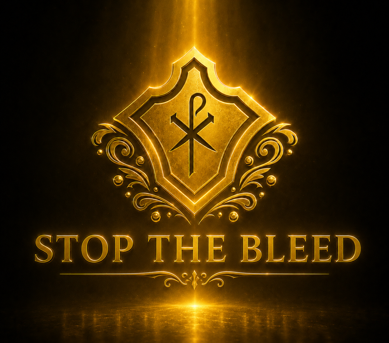 A golden emblem with ornate details features a cross with a loop at the top, inside a shield-shaped outline. Below, the words "STOP THE BLEED" are illuminated in gold, set against a dark background with a glowing effect.