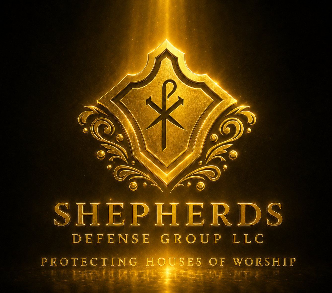 Gold-embossed logo for Shepherds Defense Group LLC with a shield emblem and a shepherd's staff with a cross, accompanied by the text 'SHEPHERDS DEFENSE GROUP LLC PROTECTING HOUSES OF WORSHIP' in gold lettering.