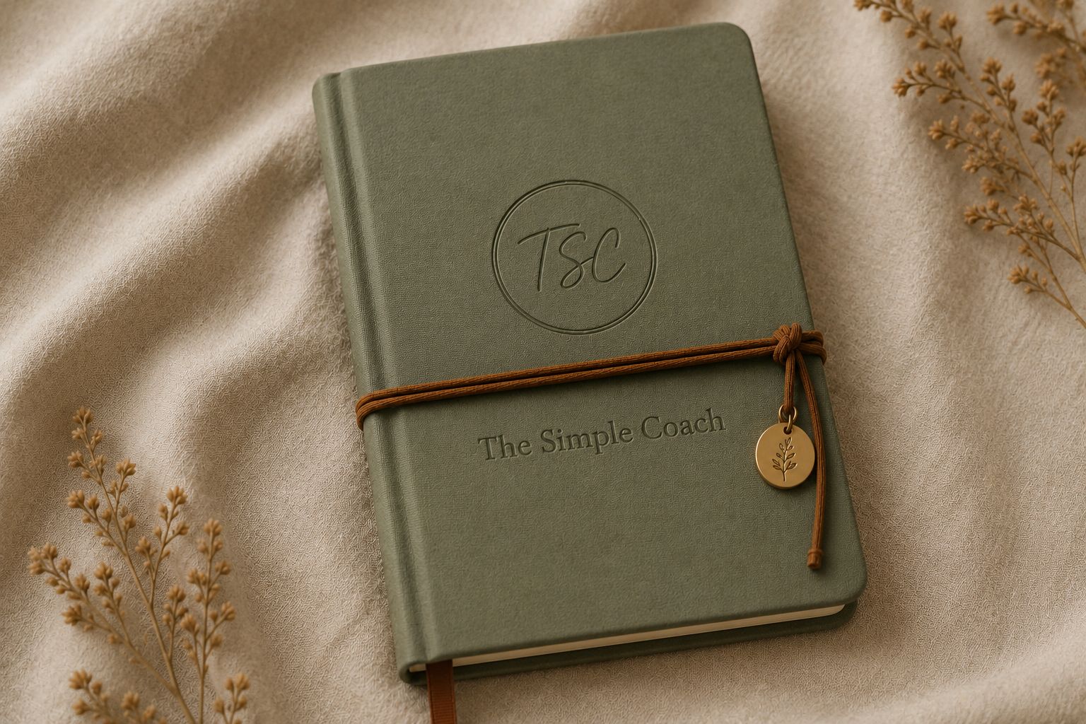 Green hardcover notebook titled 'The Simple Coach' with 'TSC' embossed on the cover, tied with a brown string and a gold charm, placed on a beige fabric surface with dried floral accents.
