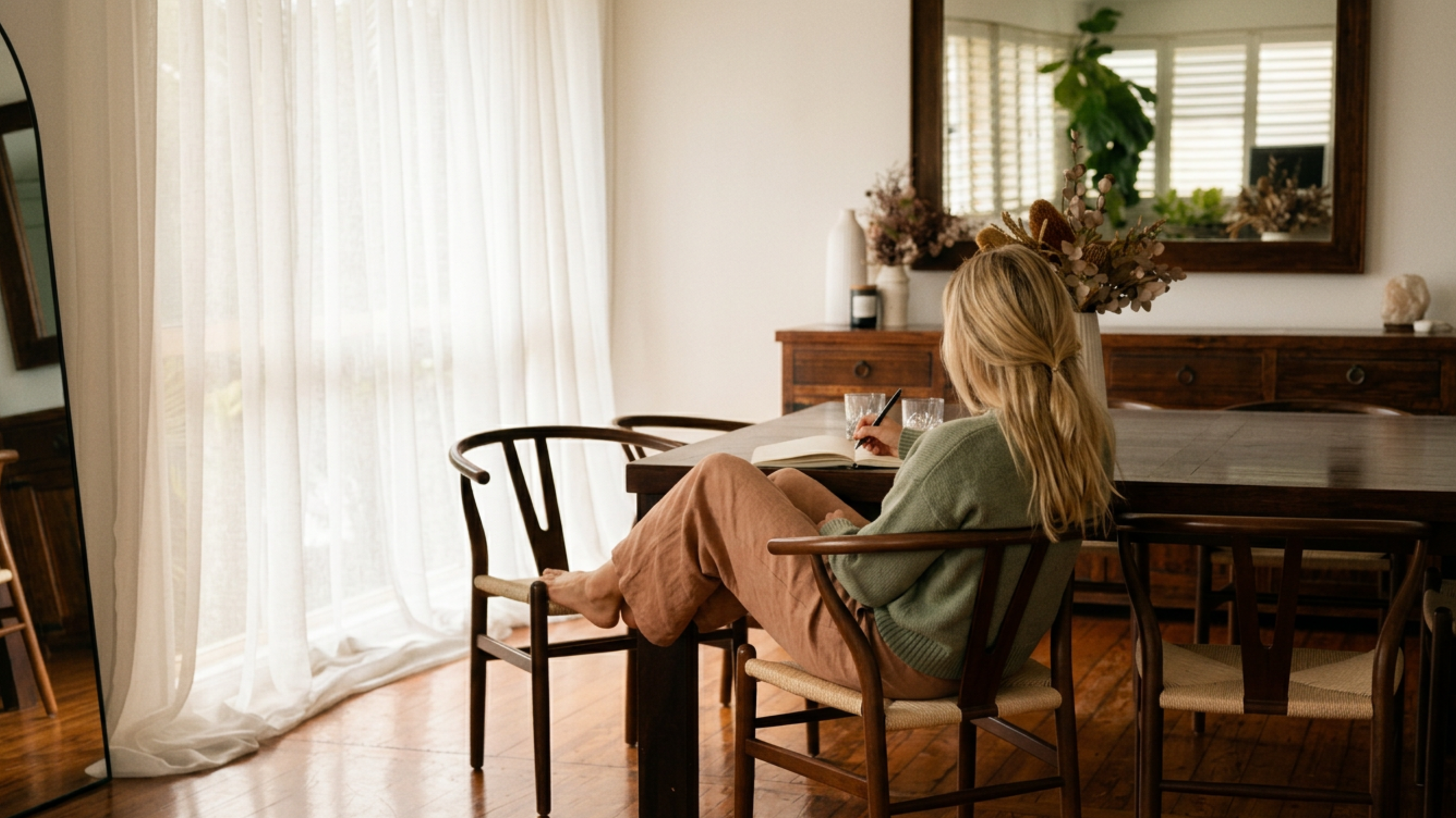 A woman with blonde hair sitting in a wooden chair at a dining table, writing in a notebook with glasses of water in front of her, in a room with large windows, sheer curtains, and a mirror reflecting a green plant.