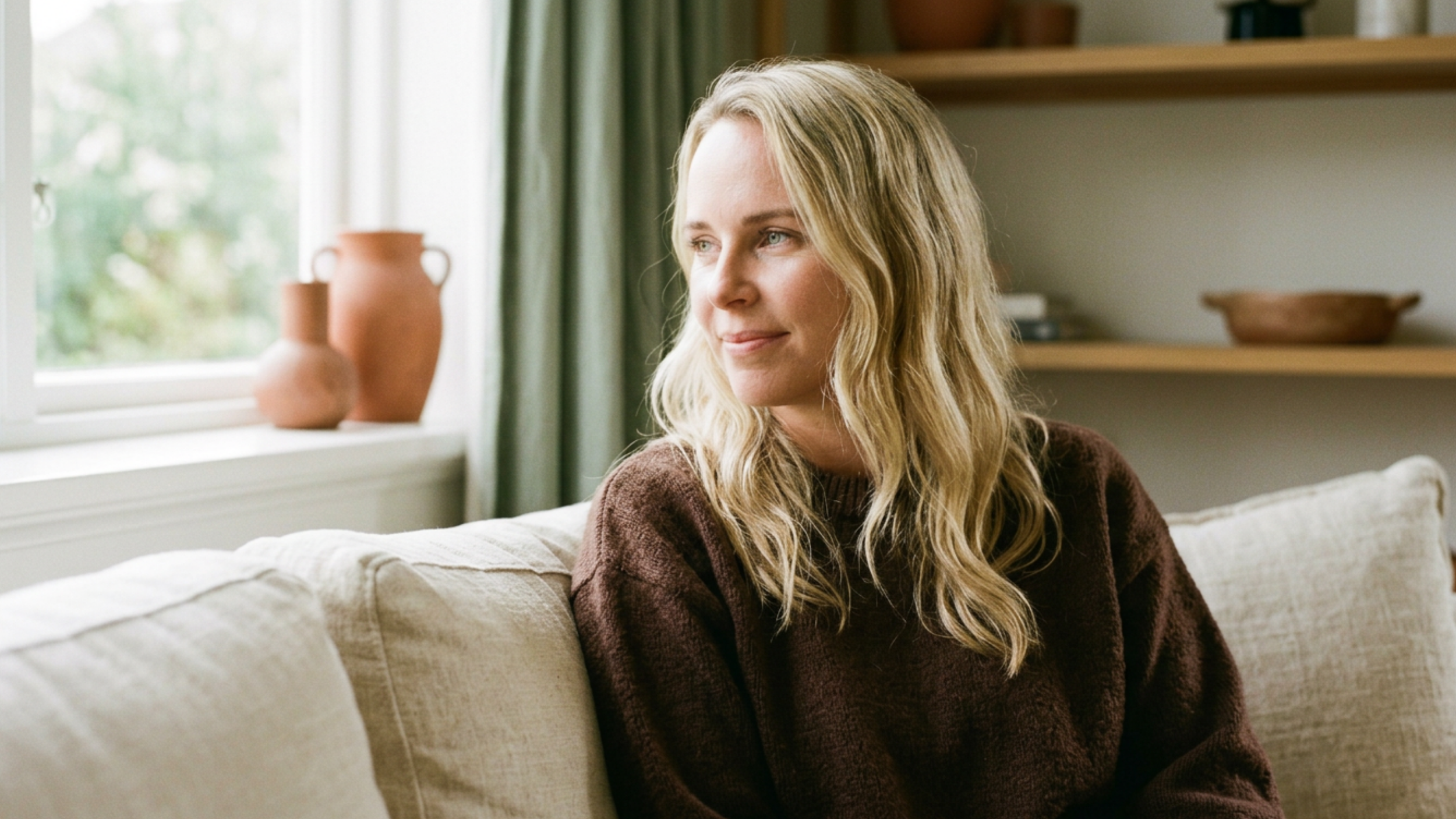 A woman with wavy blonde hair and a brown sweater sitting on a beige couch near a window with green curtains, looking to the side with a slight smile.