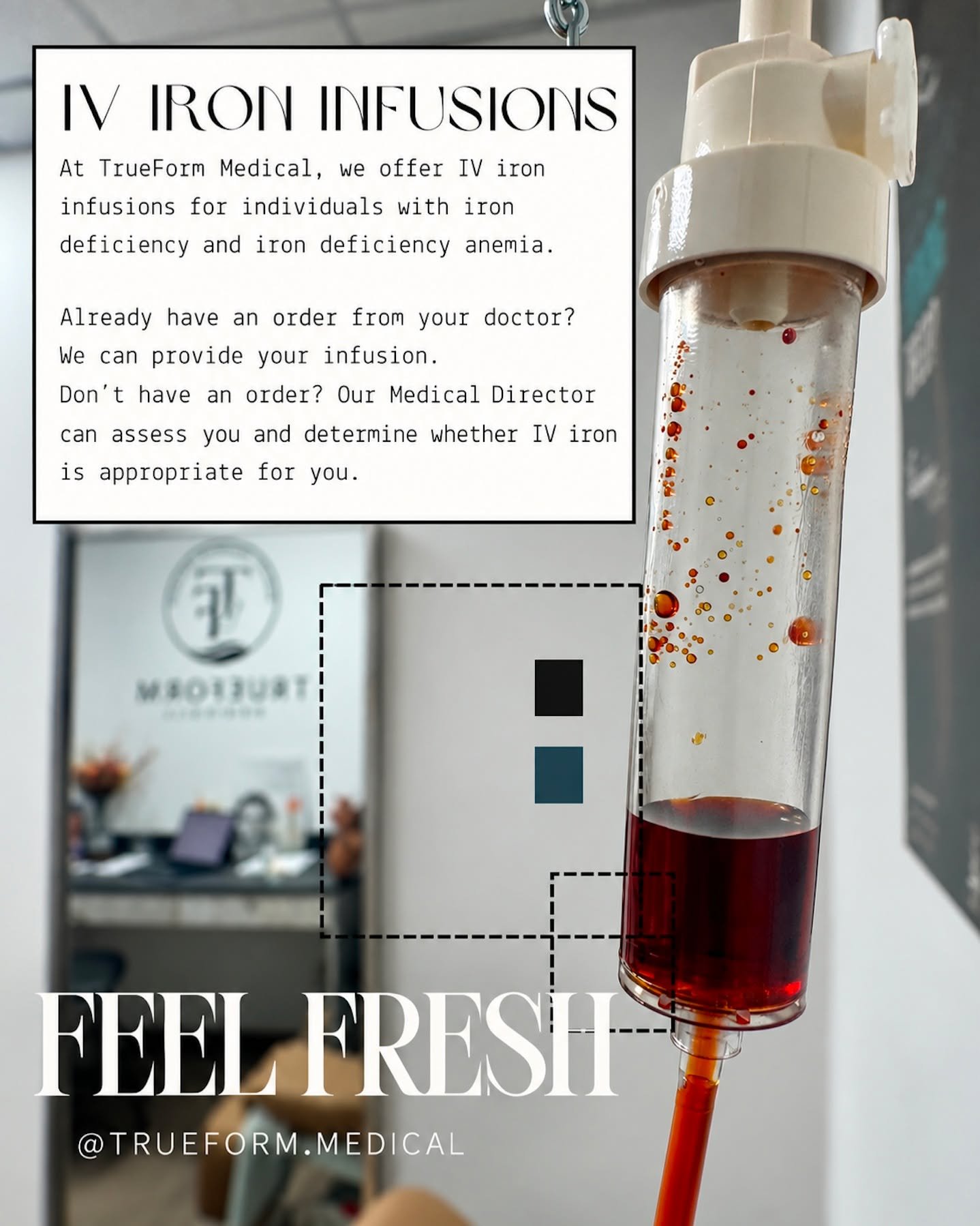 Iron deficiency can leave you feeling tired, weak, and low on energy. When oral iron isn&rsquo;t enough or IV iron has been recommended, TrueForm Medical offers IV iron infusions in a comfortable, professional medical setting.
Already have an order f