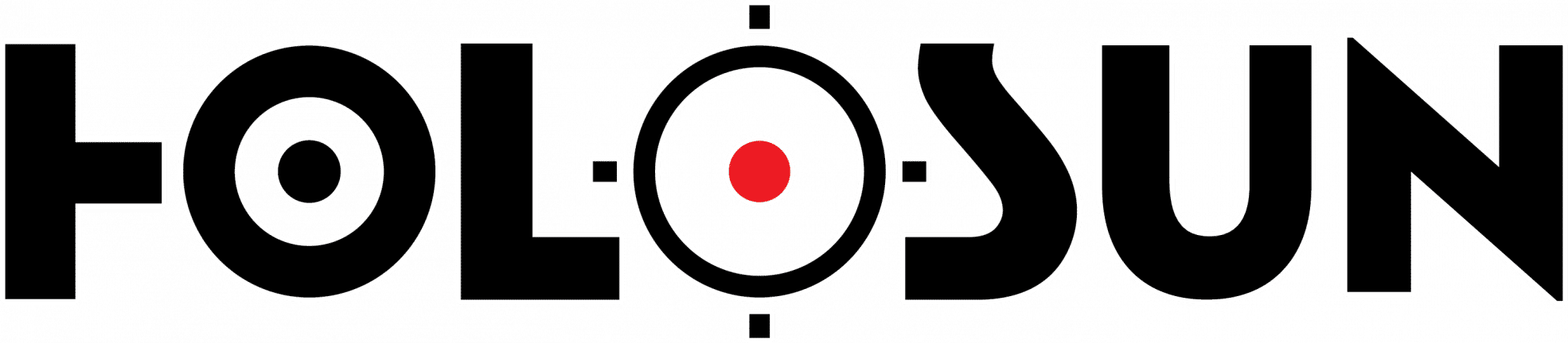 The word "HOLOSUN" stylized with bold black letters outlined in white, with a red dot in the center of the letter "O" and small black squares around the circle.