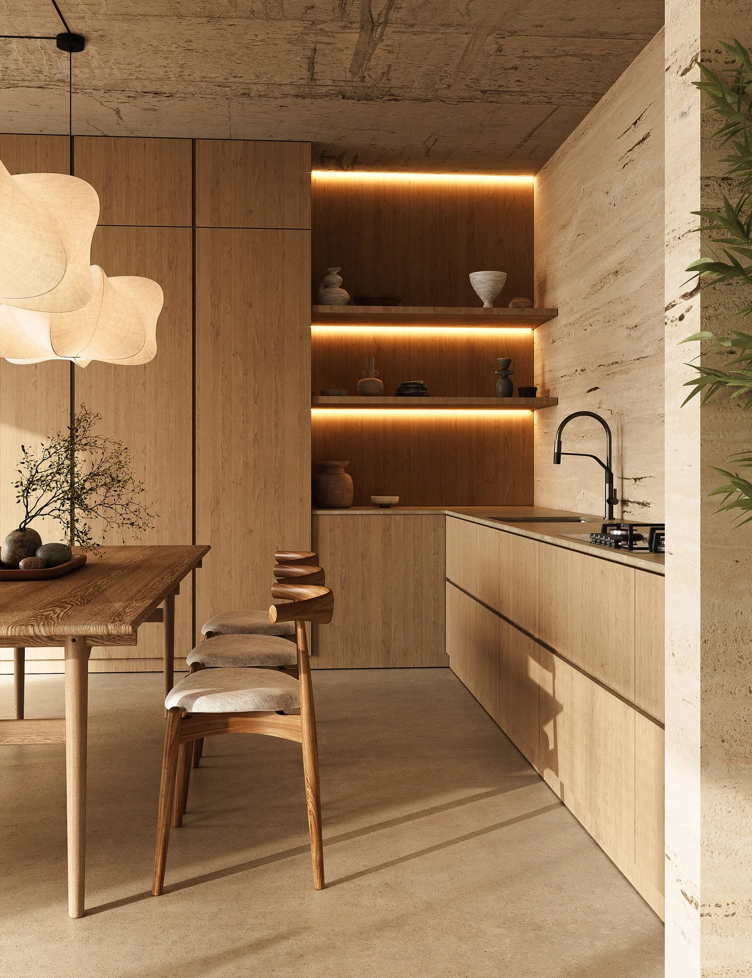 A minimalist kitchen and dining area