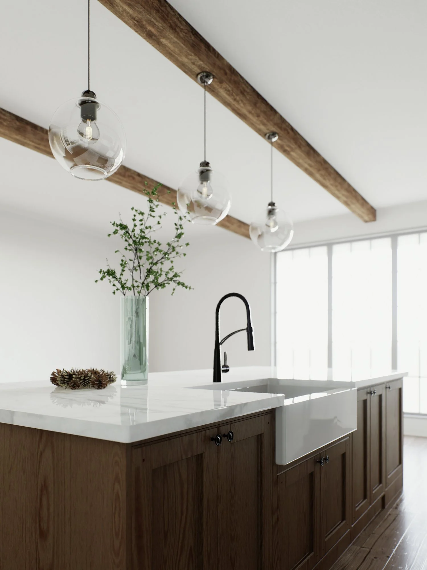 Modern kitchen with a white custom marble benchtop
