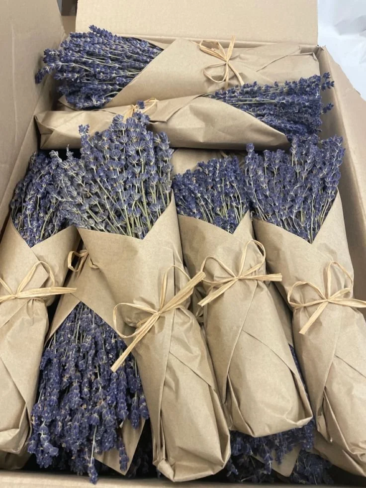 Several bunches of dried lavender flowers wrapped in brown paper and tied with raffia, arranged in a cardboard box.