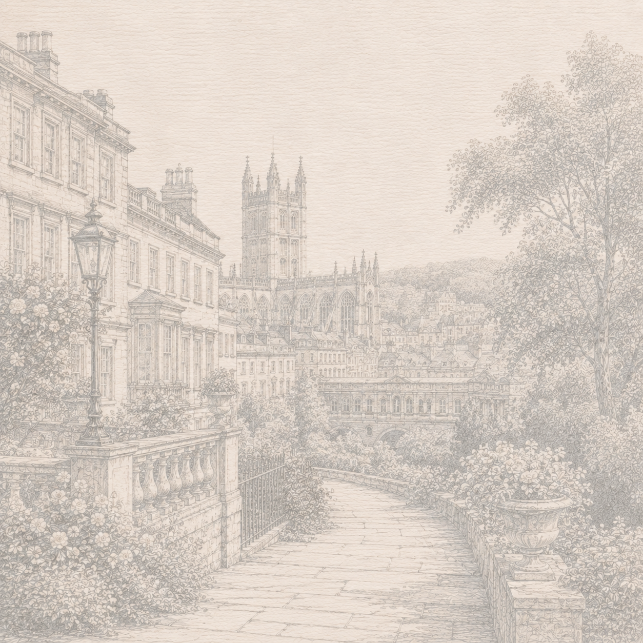 Elegant Georgian architecture and historic streets in Bath, England, representing a women’s cultural and walking retreat.