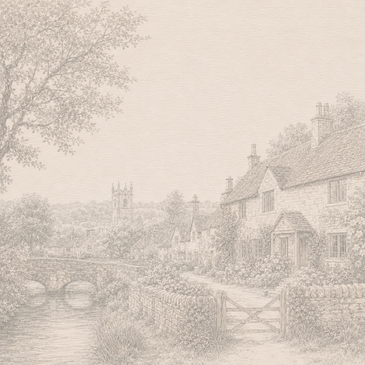 Honey-stone cottages, rolling countryside and a peaceful English village in the Cotswolds.