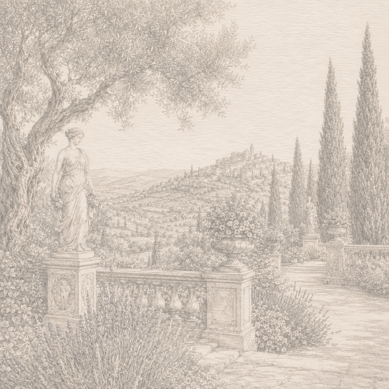 Sunlit Provençal countryside with lavender fields, olive groves and a traditional stone villa in the South of France.
