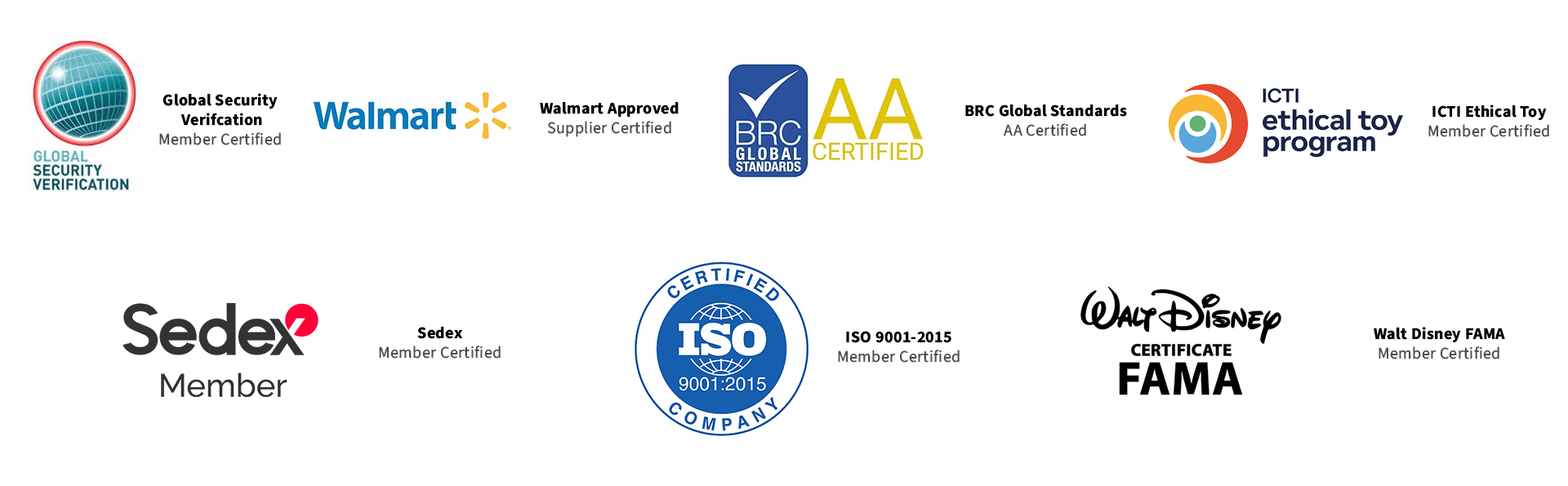 Various certification logos and icons for security, quality, and standards from organizations including Global Security Verification, Walmart, BRC, ethics toy program, Sedex, ISO, Walt Disney, with some labels indicating membership, certification, and compliance.