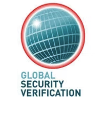 Logo for Global Security Verification featuring a blue globe with grid lines and red outline, and text underneath