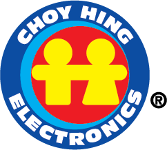 Choy Hing Electronics logo with blue circular background, yellow stylized characters, and red outer ring