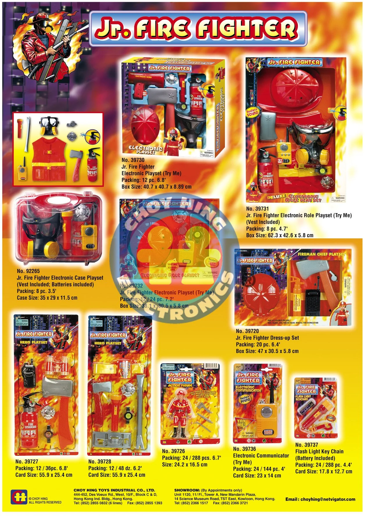 A catalog page showcasing various Jr. Firefighter toy sets, including electronic role play, electronic case playset, dress-up set, action figure, electronic communicator, and flash light key chain, with colorful packaging and detailed product informa